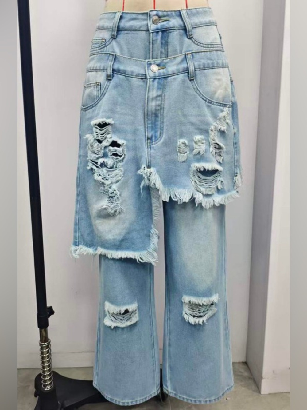 Distressed Double-Layer Wide Leg Denim -Light Blue